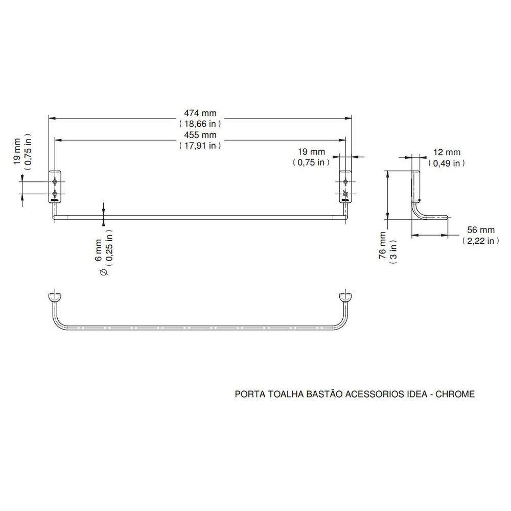 Porta Toalha de Banho Bastão 48cm Idea Cromado Docol