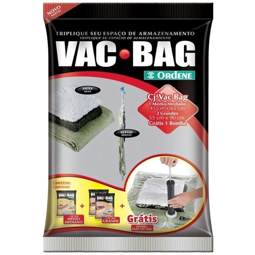 Kit Saco À Vácuo Vac Bag Ordene 1 Médio 2 Grandes + Bomba