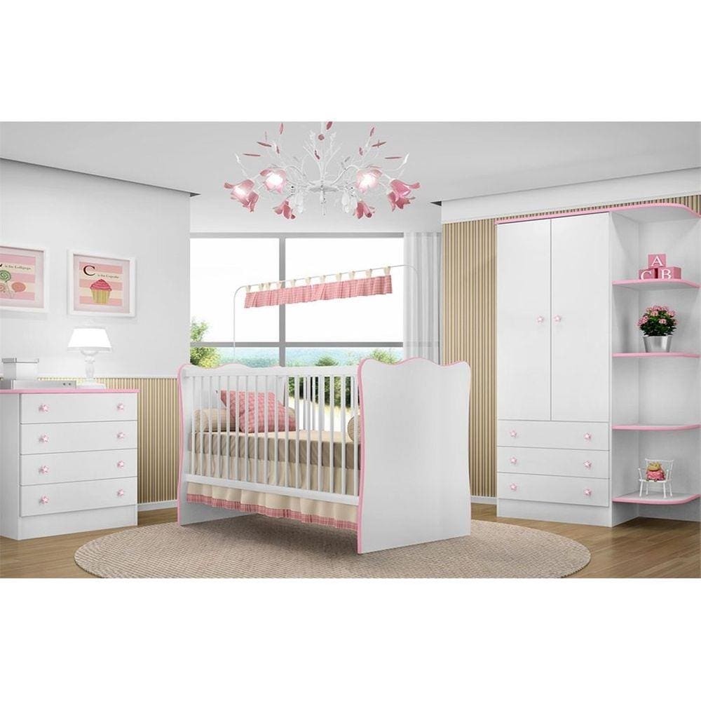 Quarto Infantil Completo Doce Sonho com Guarda-Roupa, Berço e Cômoda - Qmovi