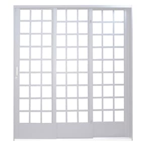 Porta de Correr Quadriculada em Aço 3 Folhas 1 Fixa com Base em Alumínio MGM Carrara 2,15mx2,00mx14,5cm Branco Direita