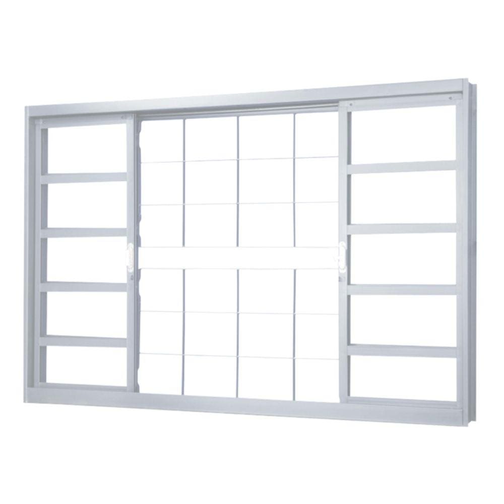 Janela de Correr em Aço Alterosa 4 Folhas 2 Fixas com Grade Central Quadriculada sem Basculante MGM Minas Sul 1,00mx1,50mx6,5cm - Requadro 65mm Branco