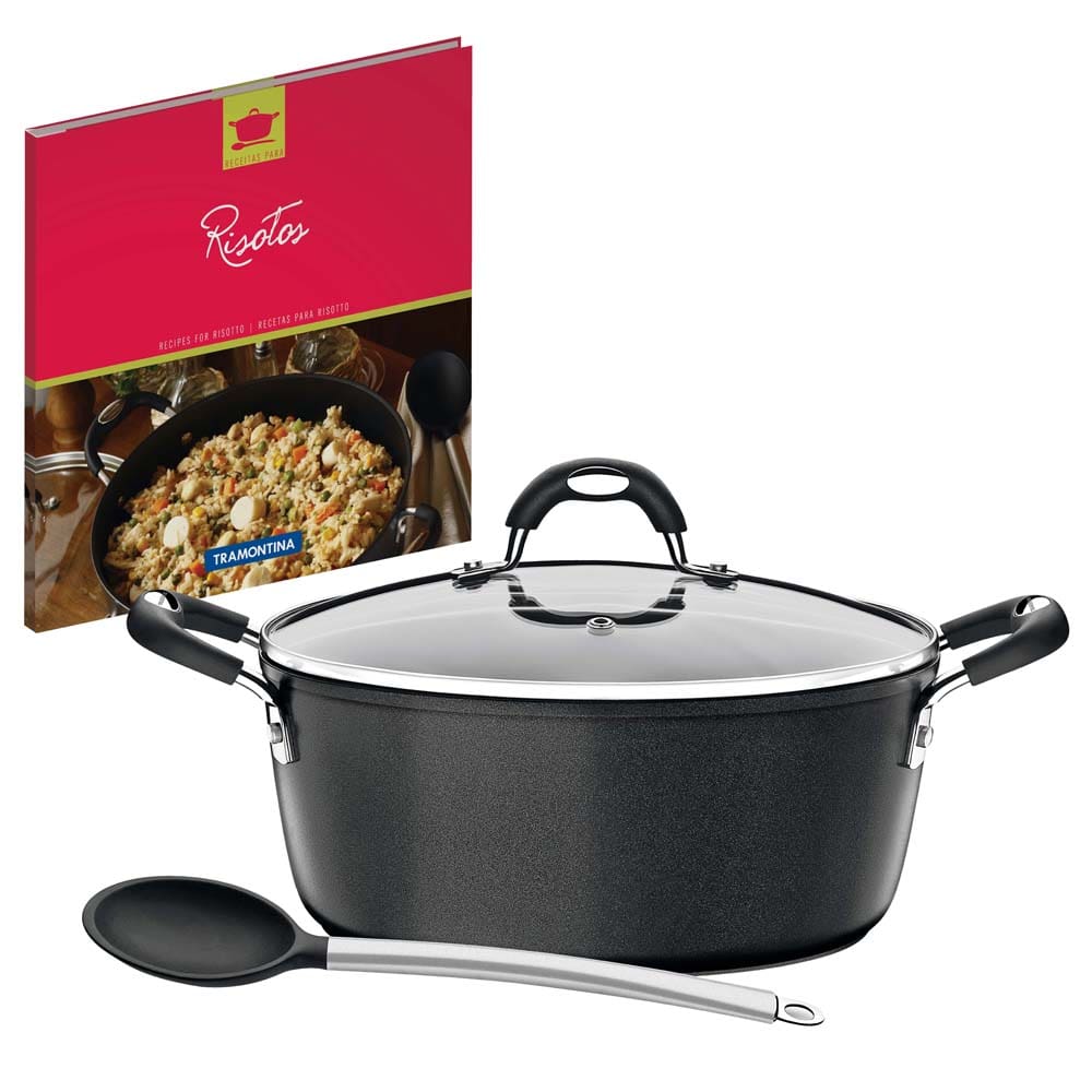 Risoteira Tramontina Mônaco Preta 24 cm com Colher de Silicone, Tampa de Vidro e Um Exclusivo Livro de Receitas Para Risotos - 2 Peças