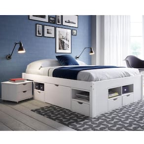 Cama Casal Queen Size Multifuncional Madeira Maciça 8 Gavetas Charme Interlink Branco Lavado