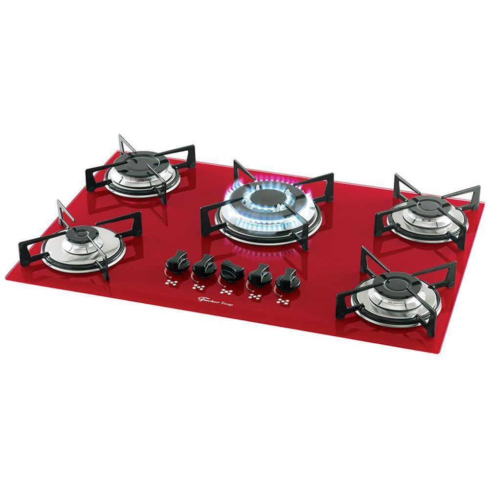 Fogao Cooktop Fischer 5 Bocas Vermelho Rouge Tripla Chama Gas Mesa